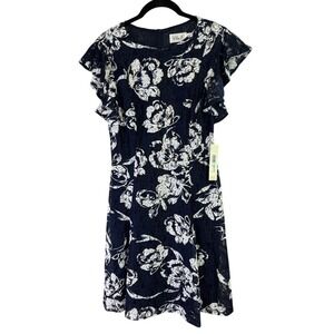 Eliza J‎ Navy Blue Floral Lace Dress Ruffle Sleeve Party Cocktail